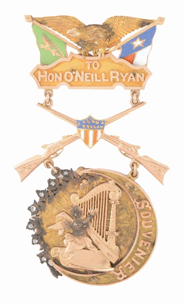 14K MEDAL PRESENTED TO AMERICAN IRISH NATIONALIST ONEILL RYAN BY THE EMMET RIFLES OF HOUSTON TEXAS. 