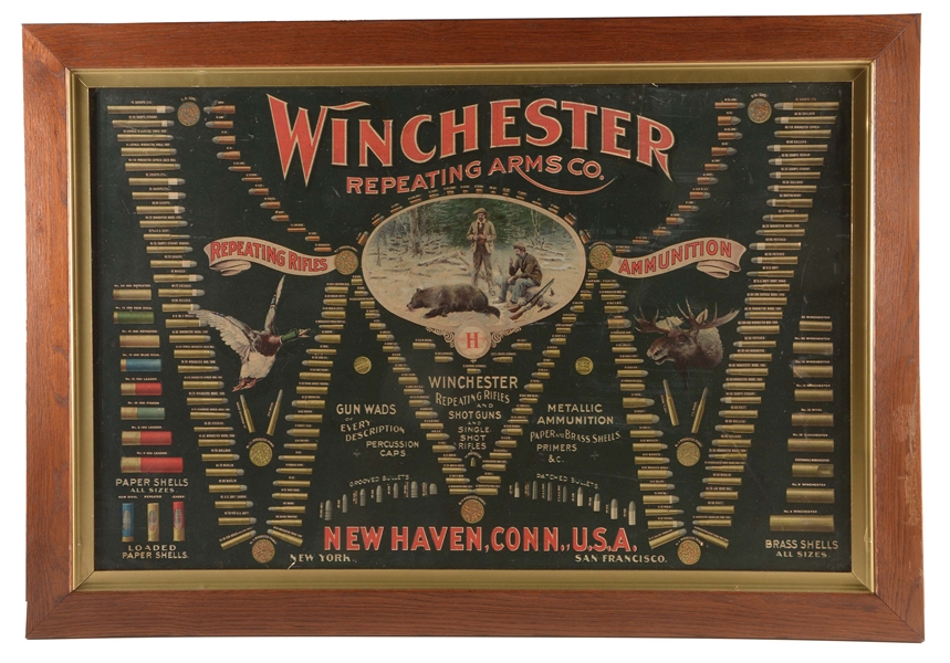 FRAMED WINCHESTER DOUBLE W CARTRIDGE STONE LITHOGRAPH PRIN.