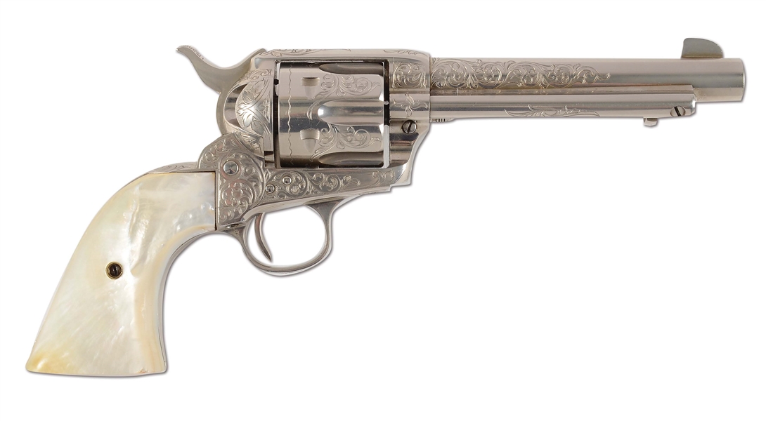 (A) STUNNING WILBUR GLAHN ENGRAVED .41 CALIBER COLT SINGLE ACTION ARMY REVOLVER FULL NICKEL WITH RAISED STEER HEAD MOTHER OF PEARL GRIPS AND RUBY EYES.