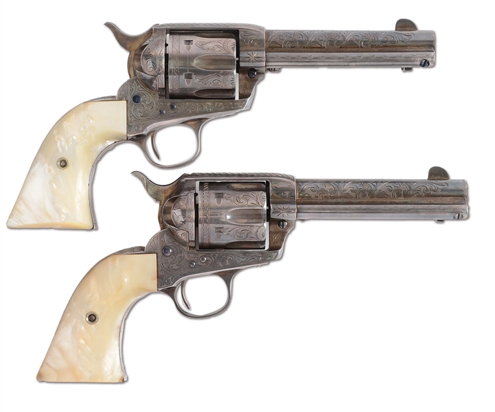 (C) PAIR OF EXTRAORDINARILY RARE AND DESIRABLE FULLY FACTORY LETTERED ENGRAVED AND INSCRIBED SILVER PLATED COLT SINGLE ACTION ARMY REVOLVERS.