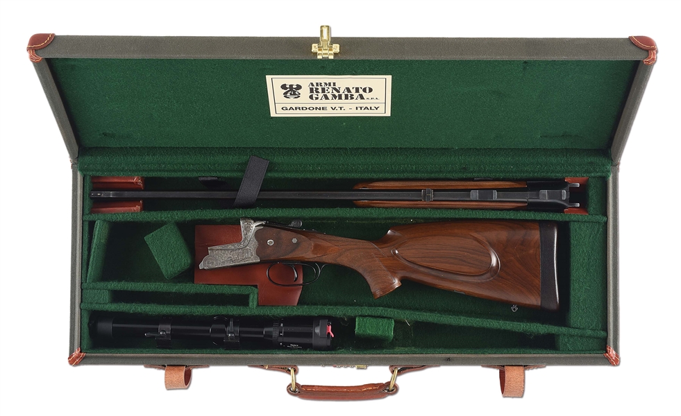 (M) RENATO GAMBA/SAUER OVER-UNDER DANGEROUS GAME DOUBLE RIFLE WITH ZEISS SCOPE AND CASE.