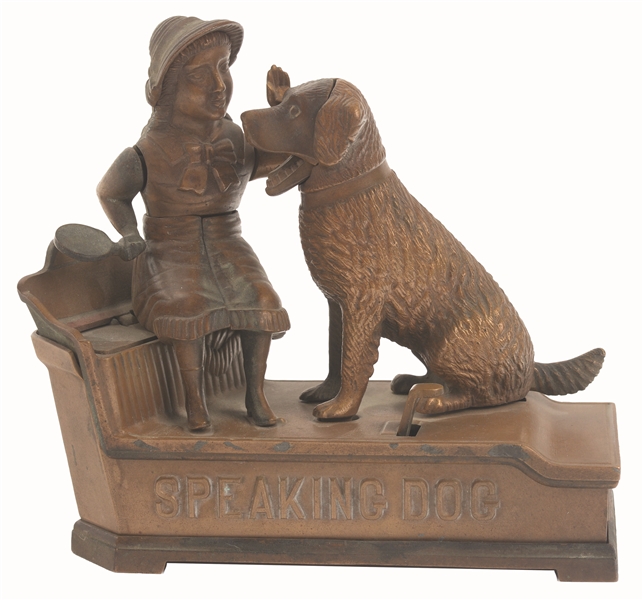 J. & E. STEVENS CAST BRONZE PATTERN FOR THE SPEAKING DOG MECHANICAL BANK. 