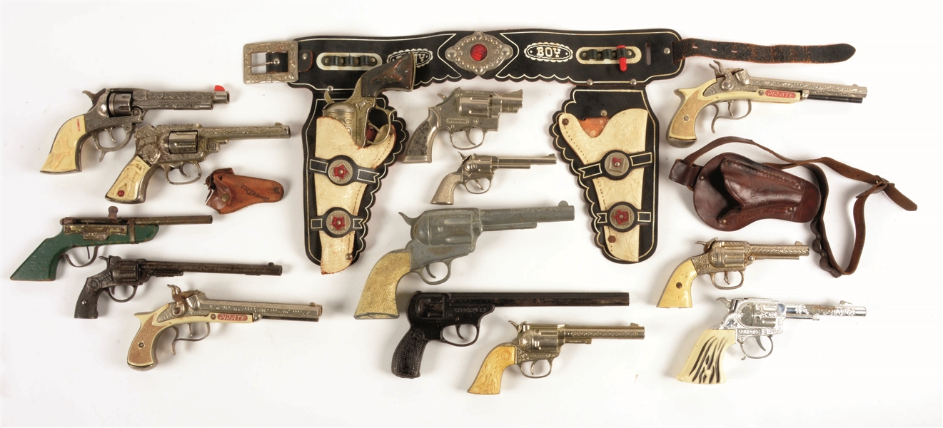 LOT OF 14: VARIOUS CAST-IRON & DIE-CAST CAP GUNS.