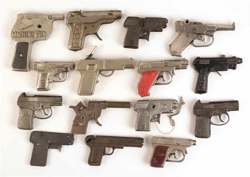 LOT OF 15: VARIOUS CAST-IRON & DIE-CAST CAP GUNS.