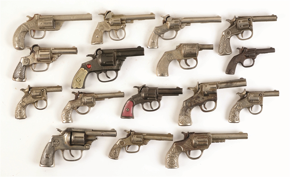 LOT OF 16: VARIOUS CAST-IRON & DIE-CAST REVOLVER-TYPE CAP GUNS.
