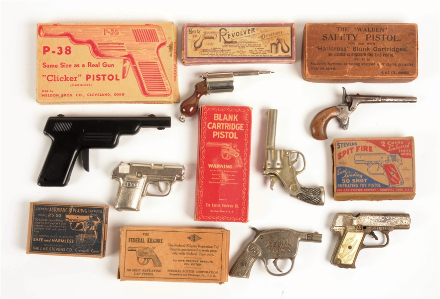 LOT OF 7: VARIOUS 19TH - 20TH CENTURY BLANK & CAP TOY PISTOLS.