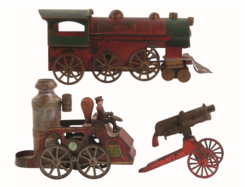 LOT OF 3: AMERICAN MADE CAST-IRON & PRESSED STEEL VEHICLE TOYS.