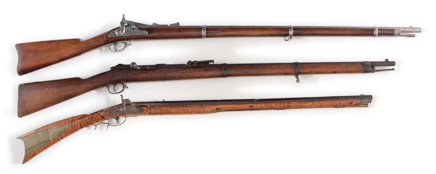 (A) LOT OF THREE: THREE EARLY ANTIQUE RIFLES, INCLUDING A TRAPDOOR, A MAUSER 71/84 AND A KENTUCKY STYLE MUSKET. 