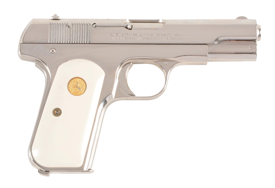 (C) NICKEL PLATED COLT MODEL M 1903 SEMI-AUTOMATIC PISTOL WITH IVORIES (1921).