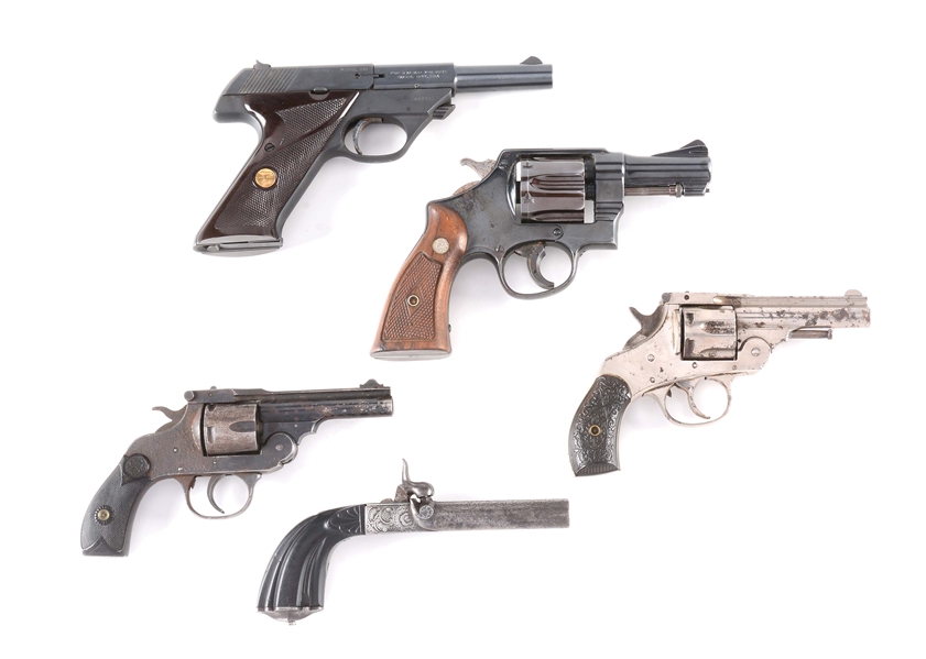 (C) LOT OF FIVE: FIVE HANDGUNS FROM HI-STANDARD, COLT, EMPIRE STATE, HARRINGTON AND RICHARDSON, AND A FRENCH BOXLOCK..