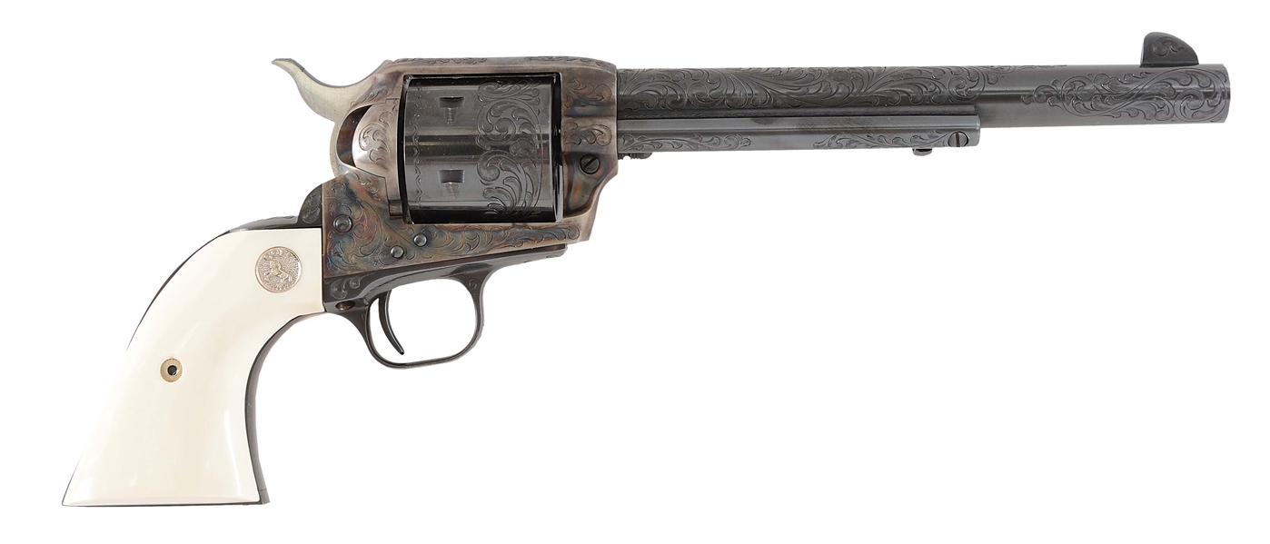 (M) ENGRAVED THIRD GENERATION COLT SINGLE ACTION ARMY REVOLVER WITH IVORIES (1978).