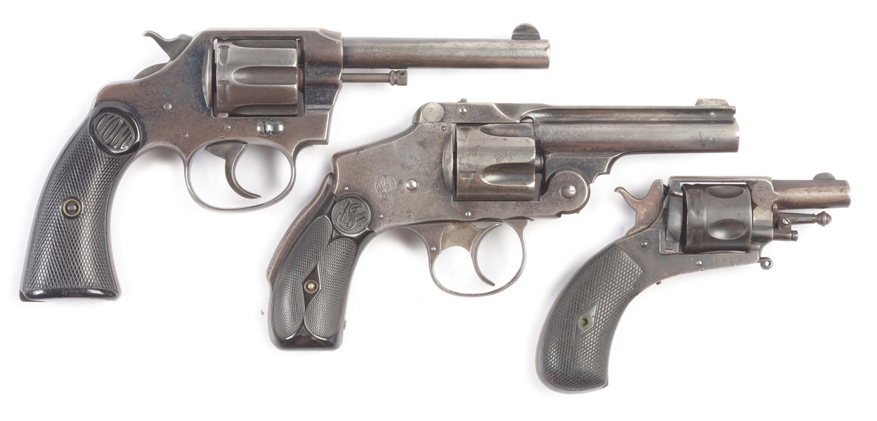 (C+A)LOT OF THREE: THREE REVOLVERS FROM COLT, SMITH AND WESSON, AND A BELGIAN FOLDING TRIGGER. 
