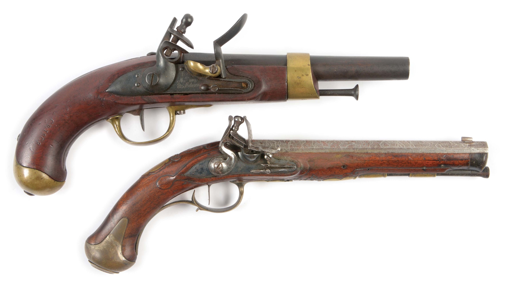 (A) LOT OF TWO: COLLECTORS LOT OF SINGLE SHOT FLINTLOCK PISTOLS, ONE A FRENCH MODEL 1813, THE OTHER A GOOD QUALITY GERMAN 18TH CENTURY PISTOL WITH BEAUTIFUL DAMASCUS BARREL.