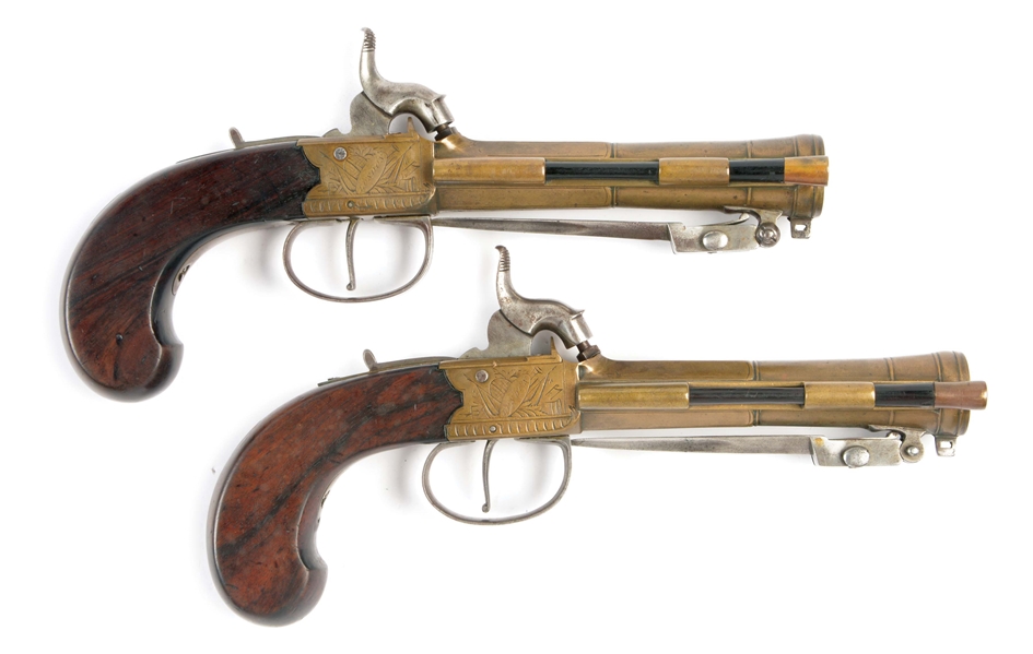 (A) LOT OF TWO: A PAIR OF ENGLISH BRASS BARRELED PERCUSSION BLUNDERBUSS PISTOLS CONVERTED FROM FLINTLOCK, WITH SNAP BAYONETS BY BLAKE OF LONDON, GEORGE 1790-1806 AT 95 WAPPING OLD STAIRS.