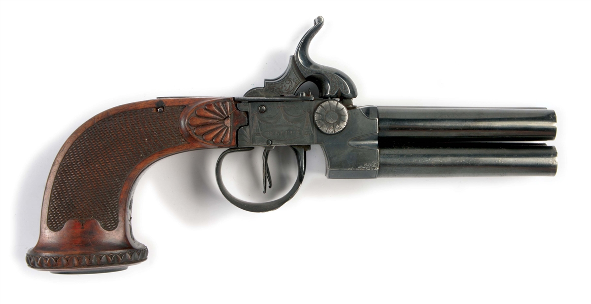 (A) A SCARCE BELGIAN FOUR-BARRELED PERCUSSION PISTOL BY THE RENOWNED BELGIAN MAKER GUILLAUME BERLEUR, 1780-1830, WHO WORKED BESIDE THE FAMOUS NICOLAS BOUTET AT VERSAILLES.