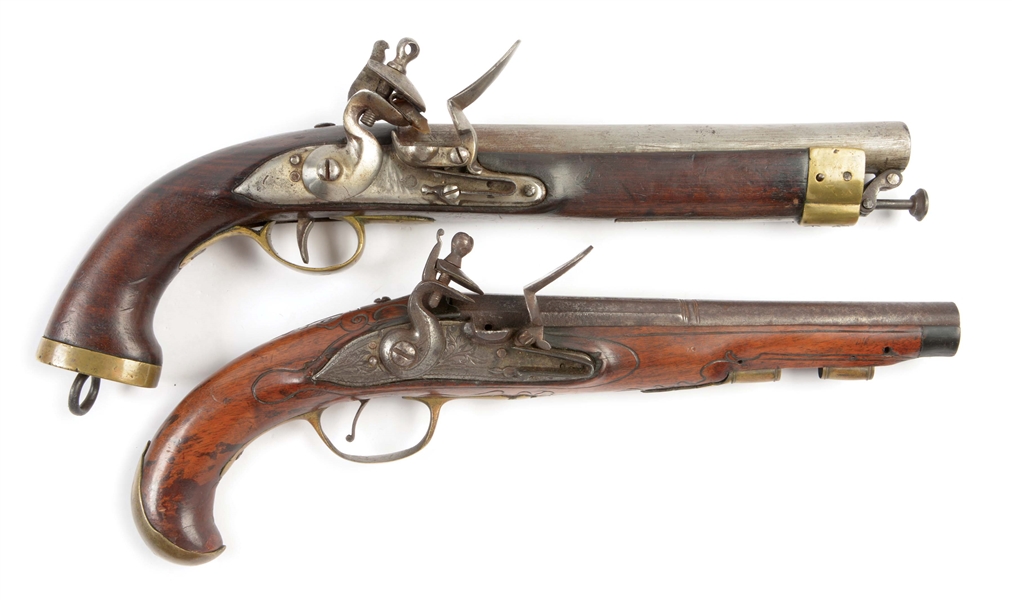 (A) LOT OF TWO: TWO FLINTLOCK PISTOLS, ONE MADE FOR THE EGYPTIAN MILITARY, THE OTHER CIVILIAN, POSSIBLY GERMAN, WITH BRASS MOUNTS.