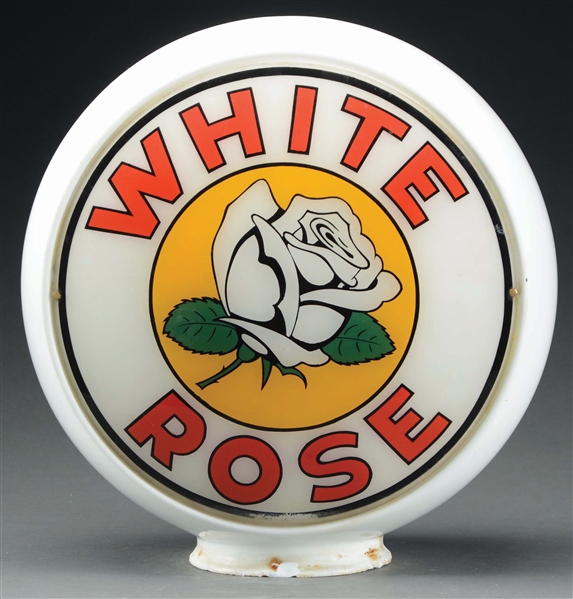 WHITE ROSE & WHITE ROSE ETHYL GASOLINE COMPLETE 13.5" GLOBE ON WIDE MILK GLASS BODY.
