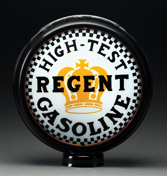 REGENT HIGH TEST GASOLINE 15" SINGLE GLOBE LENS ON METAL BODY.