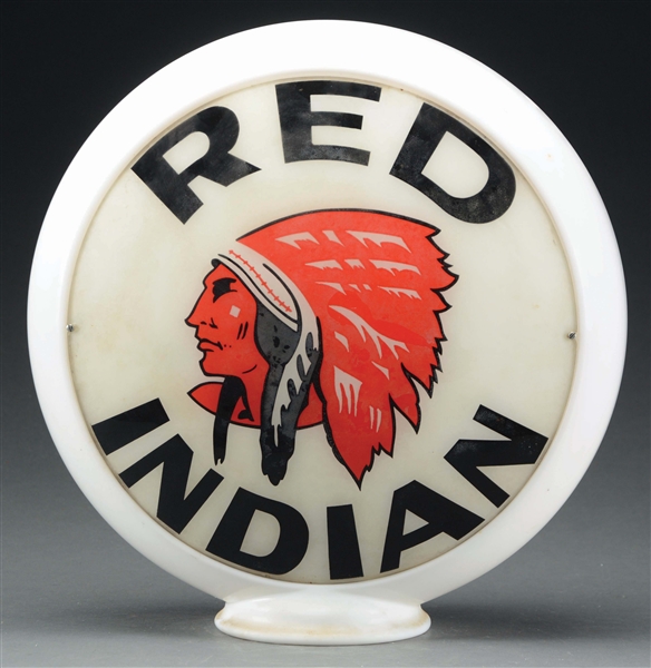 RED INDIAN GASOLINE COMPLETE 13.5" GLOBE ON MILK GLASS BODY.