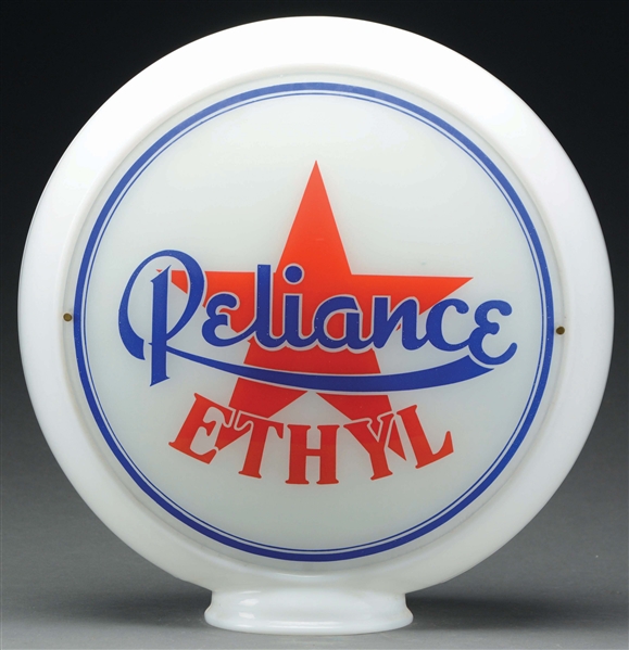 RELIANCE ETHYL GASOLINE COMPLETE 13.5" GLOBE ON NARROW MILK GLASS BODY.