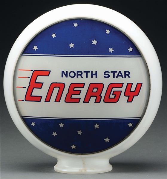 NORTH STAR ENERGY GASOLINE COMPLETE 13.5" GLOBE ON MILK GLASS BANDED BODY.