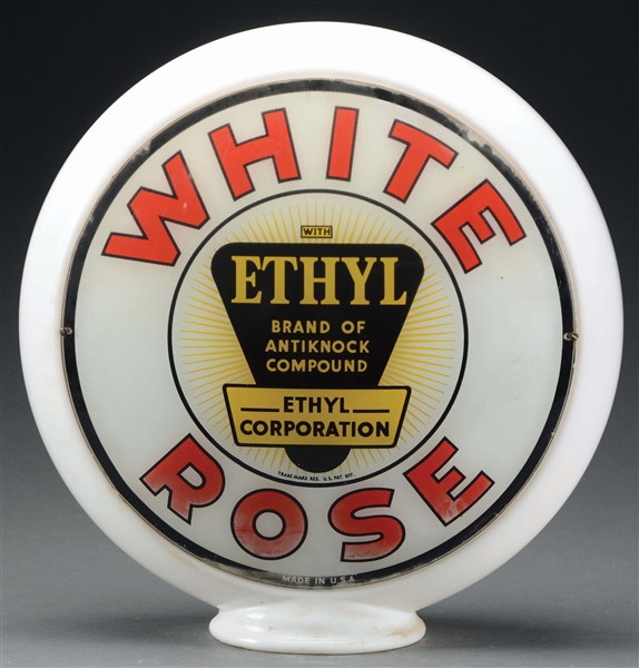 WHITE ROSE & WHITE ROSE ETHYL GASOLINE COMPLETE 13.5" GLOBE ON NARROW MILK GLASS BODY.
