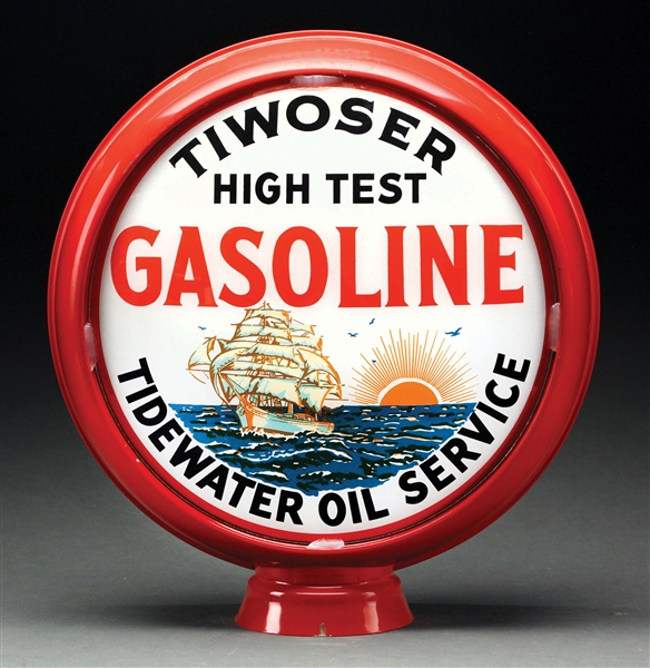TIDEWATER OIL SERVICE TIWOSER HI TEST GASOLINE SINGLE 15" GLOBE LENS ON METAL BODY.
