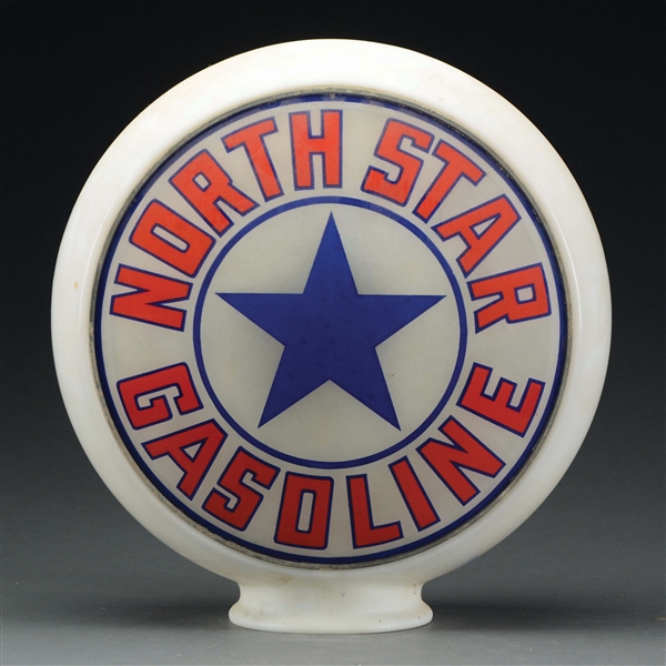 NORTH STAR GASOLINE SINGLE 13.5" GLOBE LENS ON BANDED MILK GLASS BODY.