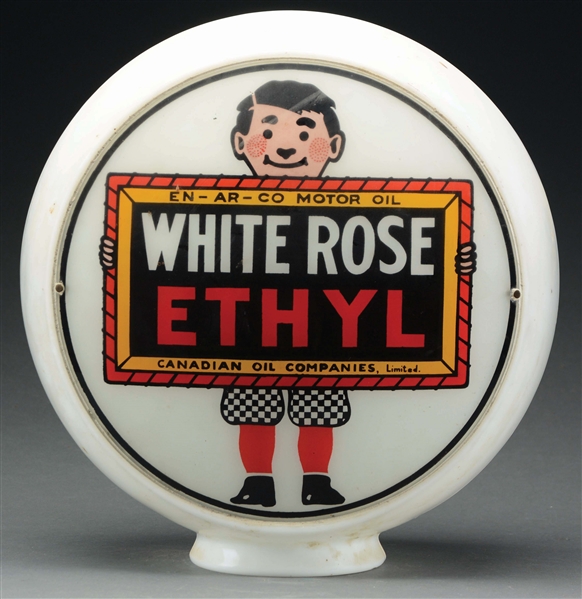 WHITE ROSE ETHYL GASOLINE SINGLE 13.5" GLOBE LENS ON WIDE MILK GLASS BODY. 