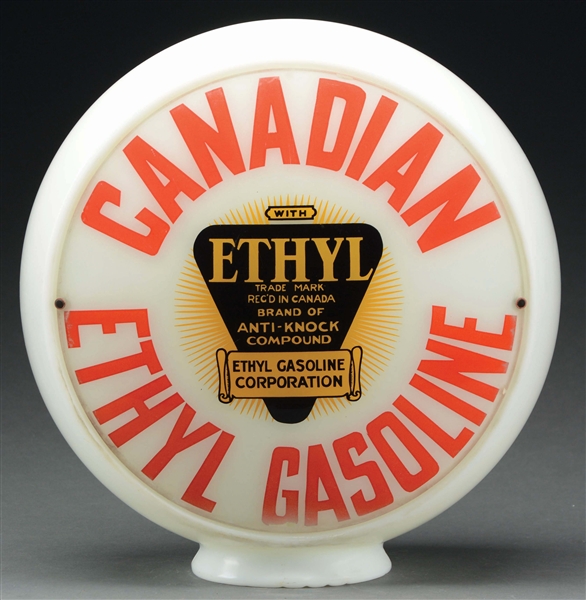 CANADIAN ETHYL GASOLINE SINGLE 13.5" GLOBE LENS ON WIDE MILK GLASS BODY.