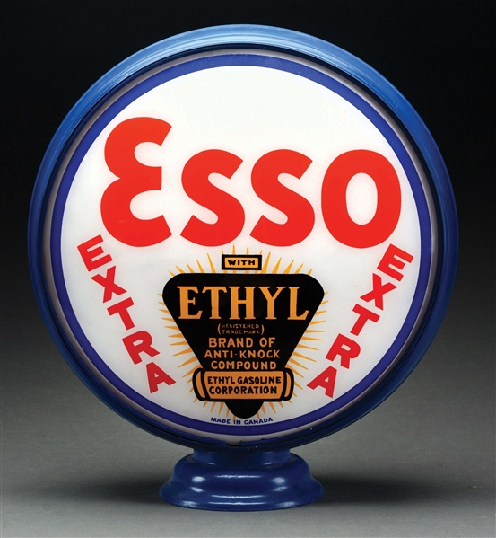 ESSO EXTRA ETHYL GASOLINE COMPLETE 16.5" GLOBE ON METAL BODY.