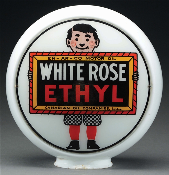 WHITE ROSE ETHYL GASOLINE COMPLETE 13.5" GLOBE ON WIDE MILK GLASS BODY. 