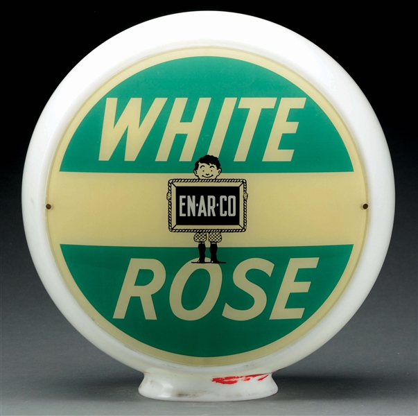 ENARCO WHITE ROSE GASOLINE W/ SLATE BOY GRAPHIC COMPLETE 13.5" GLOBE ON WIDE MILK GLASS BODY. 