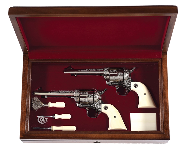 (M) CASED FACTORY ENGRAVED CONSECUTIVE COLT SINGLE ACTION ARMY NICKEL REVOLVERS.