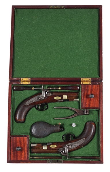 (A) FINE CASED PAIR OF PERCUSSION BELT PISTOLS SIGNED JOSEPH COOPER, NEW YORK, CIRCA 1835.