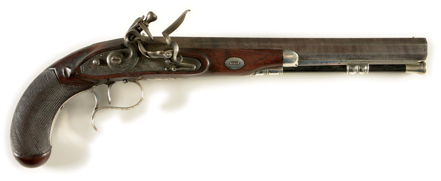 (A) FINE SILVER MOUNTED DITTRICH MOBILE, ALABAMA RETAILER MARKED FLINTLOCK TARGET OR DUELING PISTOL BY SIMEON NORTH.