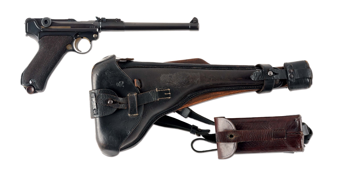 (C) 1914 ERFURT LP08 ARTILLERY LUGER WITH HOLSTER, STOCK, AND MAG POUCH.