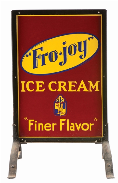 FRO JOY EMBOSSED TIN DOUBLE-SIDED SIDEWALK SIGN.