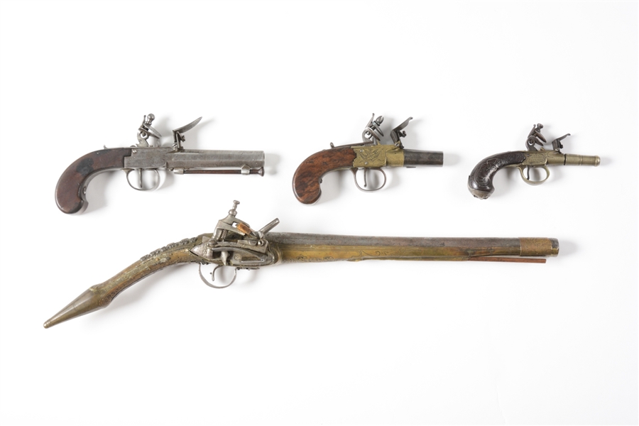 (A) LOT OF FOUR: A COLLECTORS LOT OF FOUR FLINTLOCK PISTOLS, INCLUDING A BALKAN RATTAIL MIQULET.