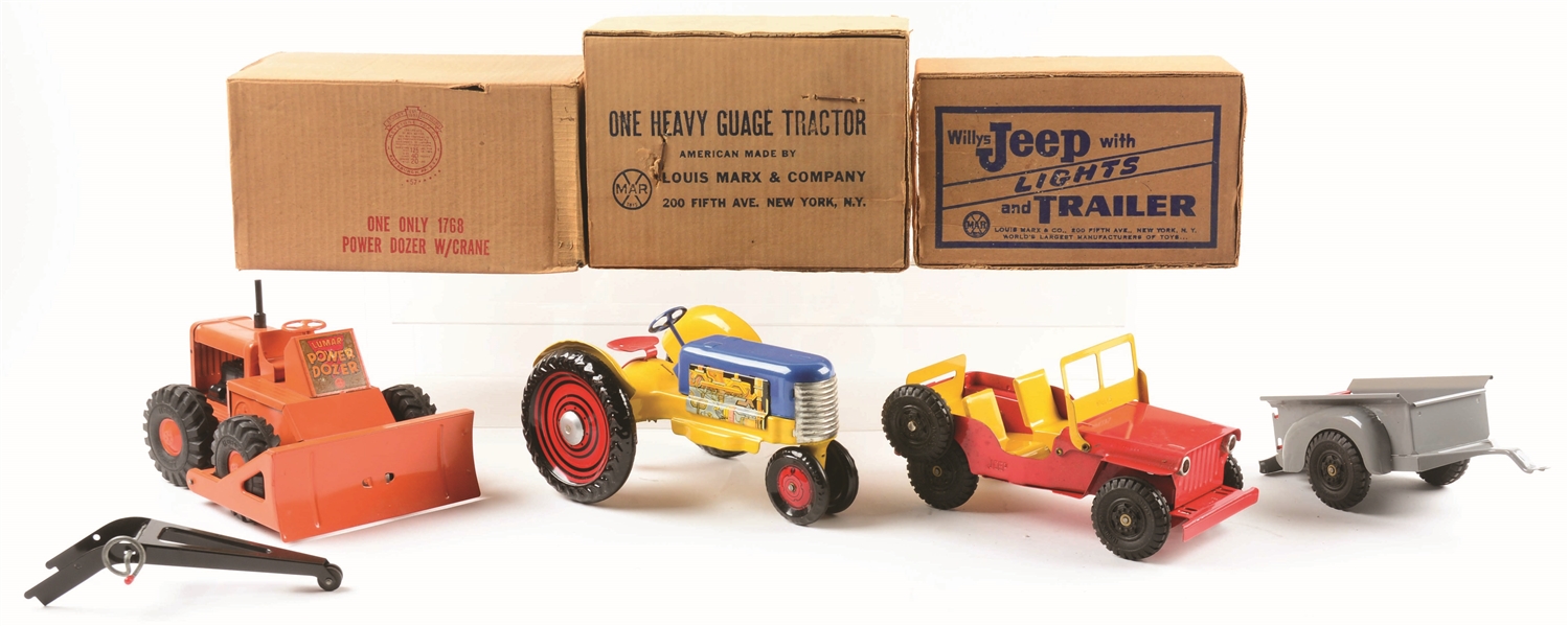 LOT OF 3: MARX PRESSED STEEL VEHICLE TOYS IN ORIGINAL BOXES. 