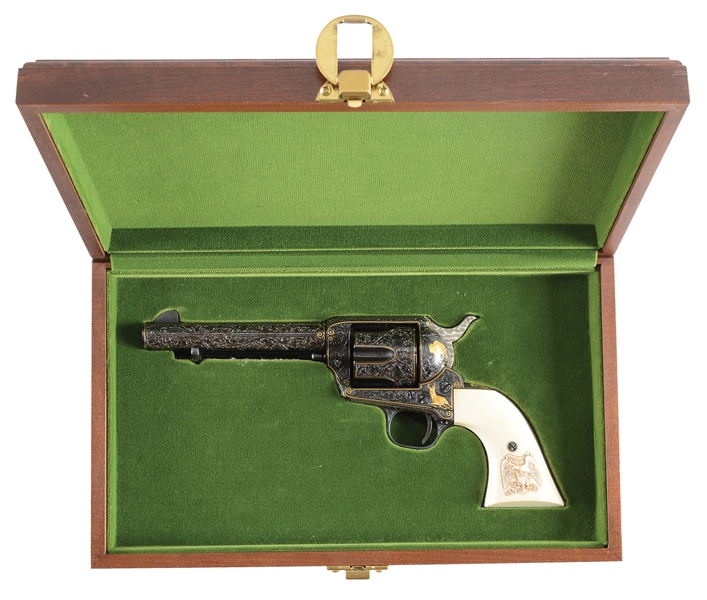 (C) CASED ENGRAVED AND GOLD INLAID COLT PRE-WAR SINGLE ACTION ARMY REVOLVER (1940).