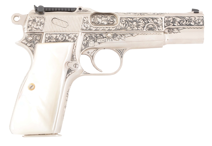 (C) BEN SHOSTLE ENGRAVED TANGENT SIGHT BROWNING HIGH POWER SEMI-AUTOMATIC PISTOL.