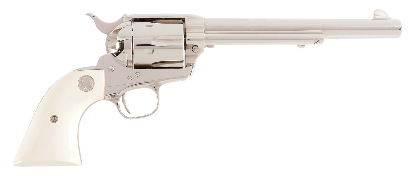 (M) BOXED COLT SINGLE ACTION ARMY .45 NICKEL REVOLVER W/IVORY (1989)