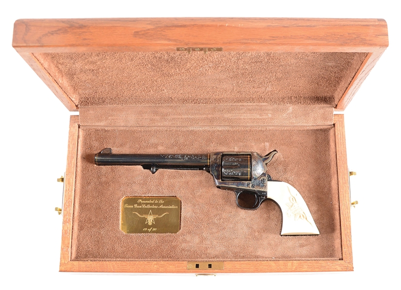 (M) CASED TGCA FACTORY ENGRAVED COLT SINGLE ACTION ARMY WITH CARVED IVORY GRIPS.