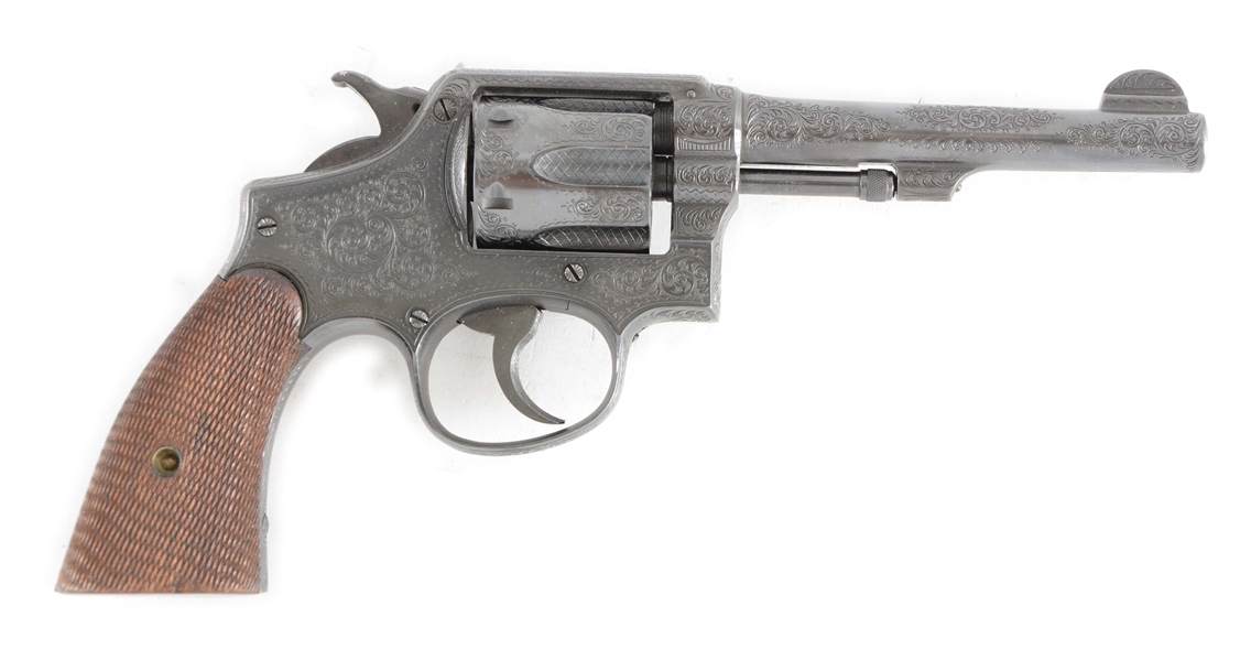 (C) ELEGANTLY ENGRAVED SMITH & WESSON VICTORY MODEL .38 S&W DOUBLE ACTION REVOLVER>