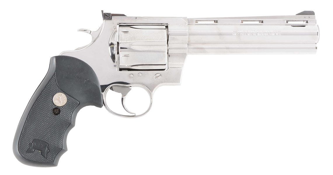 (M) NEAR MINT BRIGHT STAINLESS COLT ANACONDA REVOLVER WITH CASE.