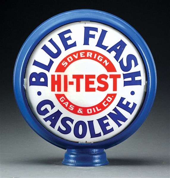 BLUE FLASH HI TEST GASOLENE COMPLETE 15" GLOBE ON ORIGINAL METAL BODY. 