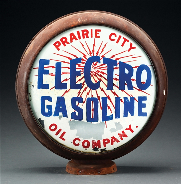 PRAIRIE CITY OIL COMPANY ELECTRO GASOLINE SINGLE 15" GLOBE LENS ON ORIGINAL METAL BODY.