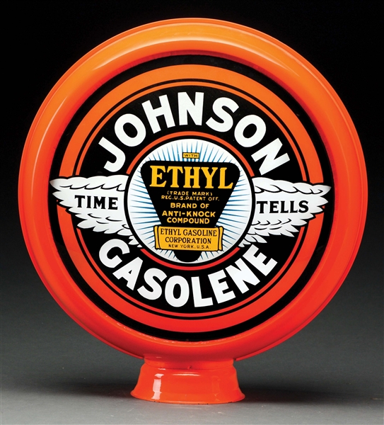 JOHNSON TIME TELLS ETHYL GASOLENE 15" SINGLE LENS ON METAL BODY. 