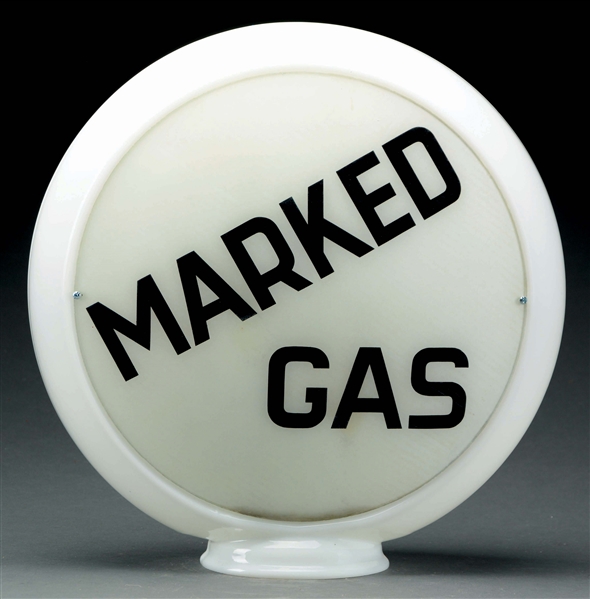 MARKED GAS COMPLETE 13.5" GLOBE ON NARROW MILK GLASS BODY. 